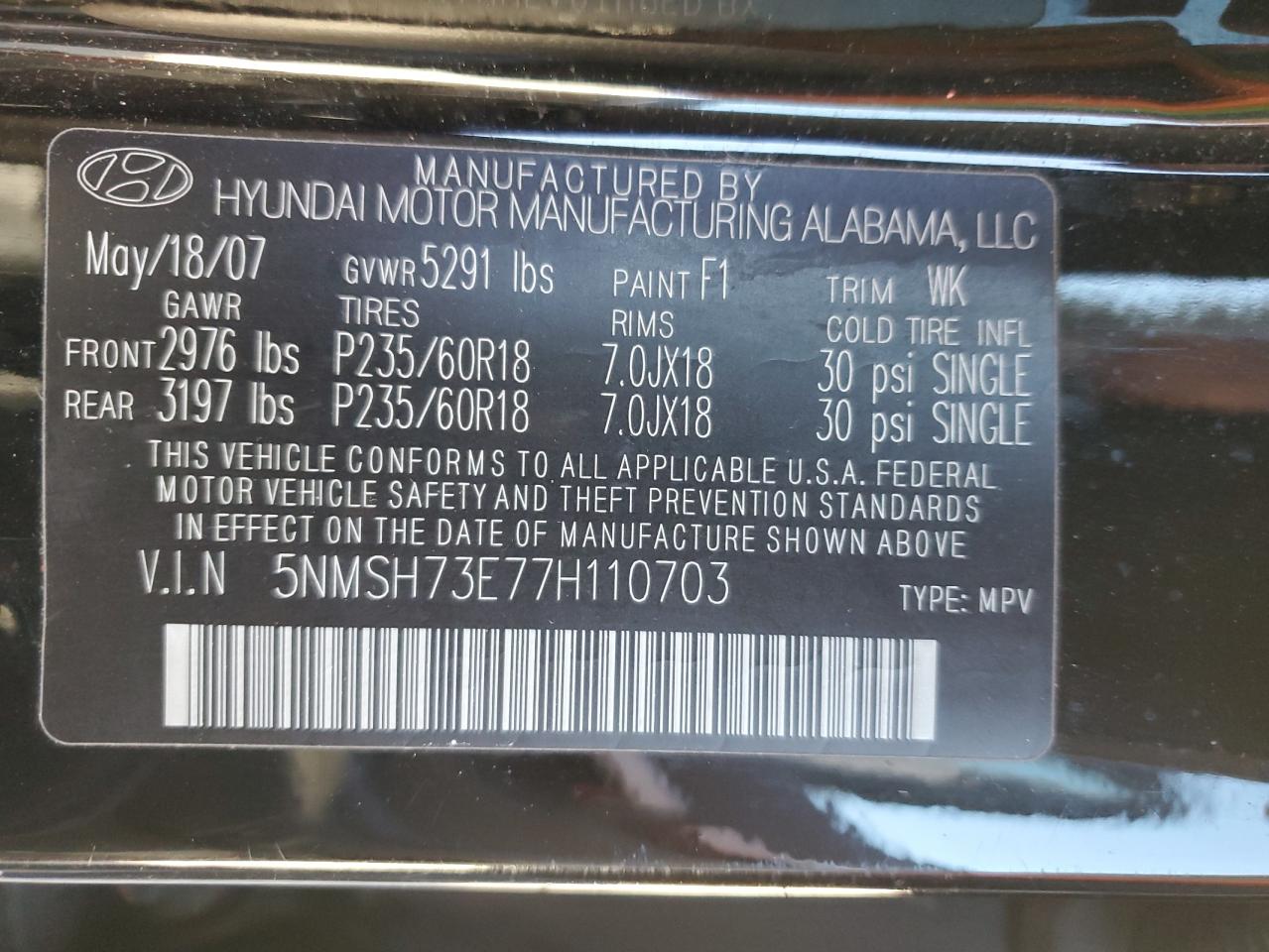 5NMSH73E77H110703 2007 Hyundai Santa Fe Se