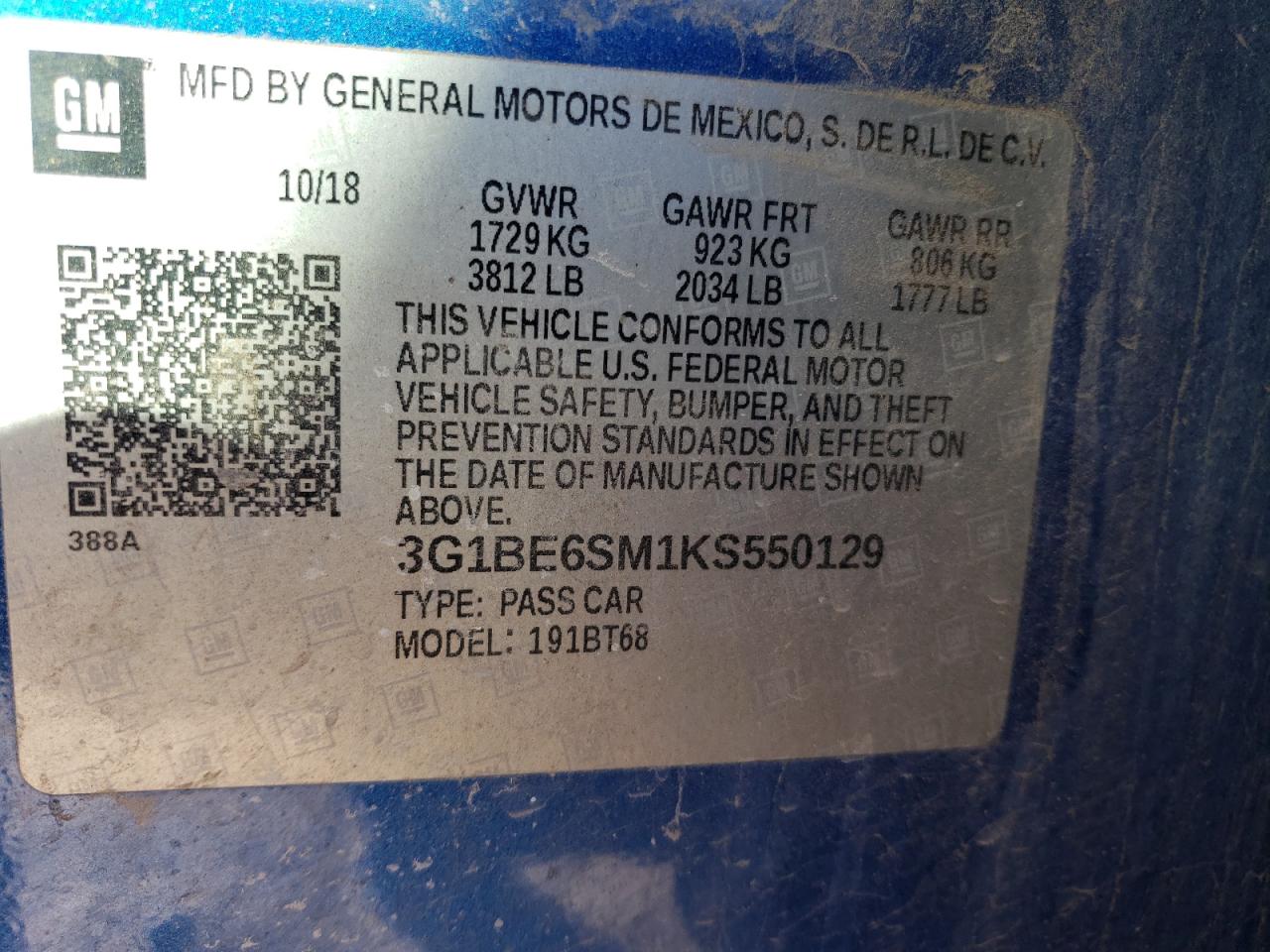 3G1BE6SM1KS550129 2019 Chevrolet Cruze Lt