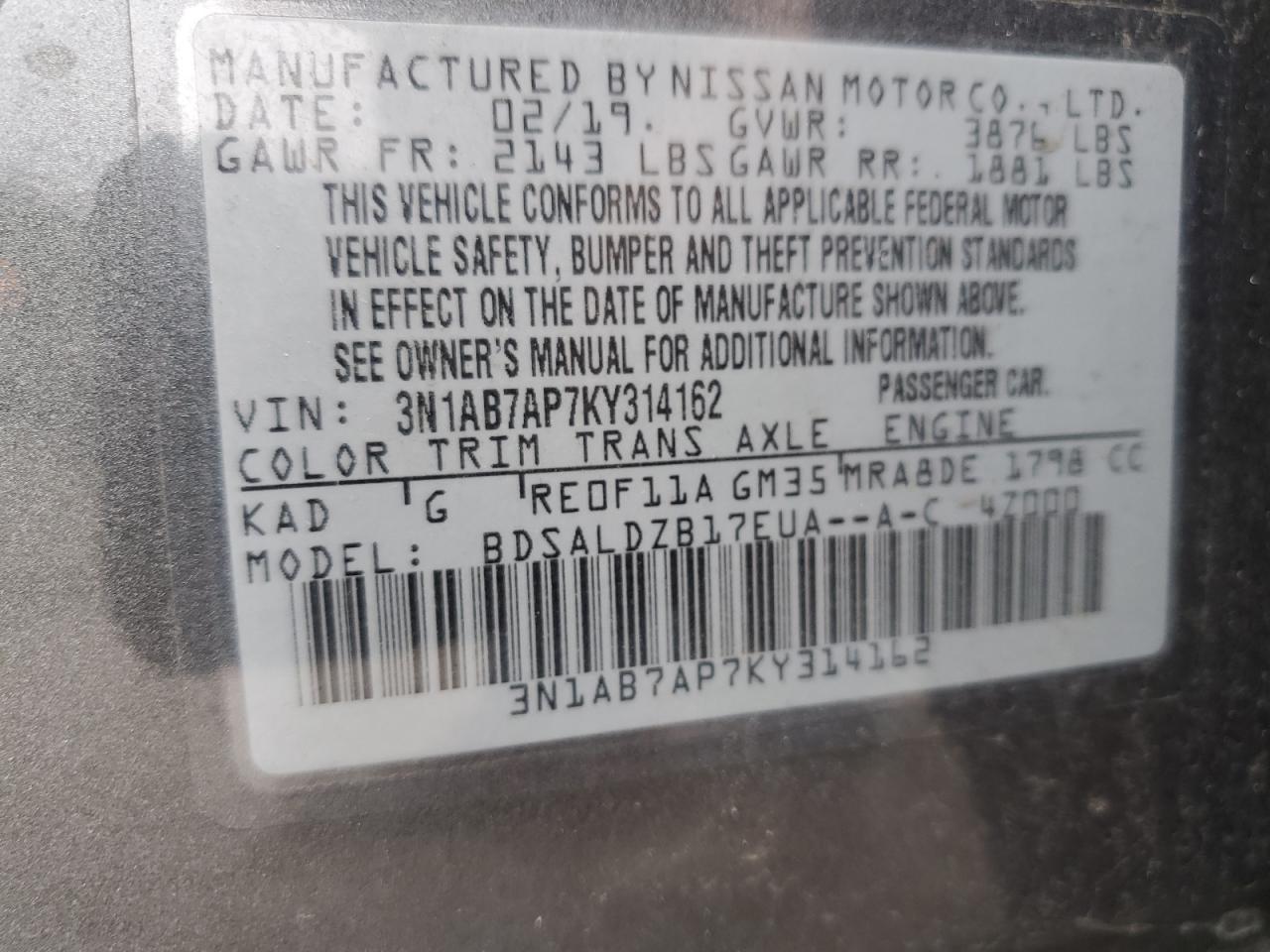 3N1AB7AP7KY314162 NISSAN SENTRA 2019