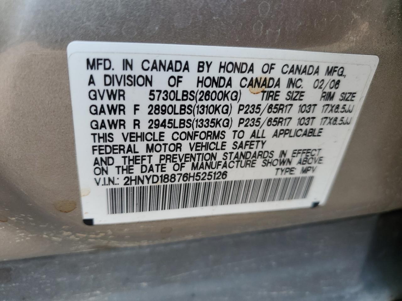 2HNYD18876H525126 2006 Acura Mdx Touring