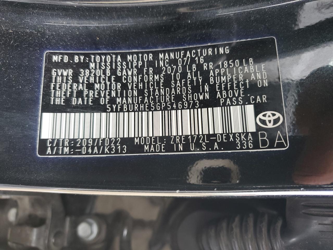 5YFBURHE5GP546973 2016 Toyota Corolla L