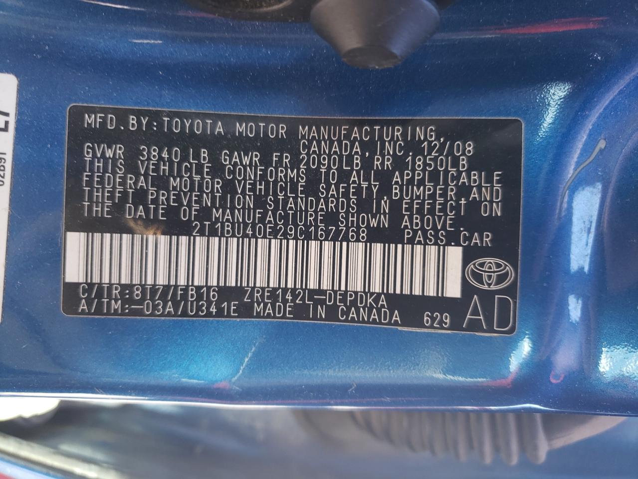 2T1BU40E29C167768 2009 Toyota Corolla Base