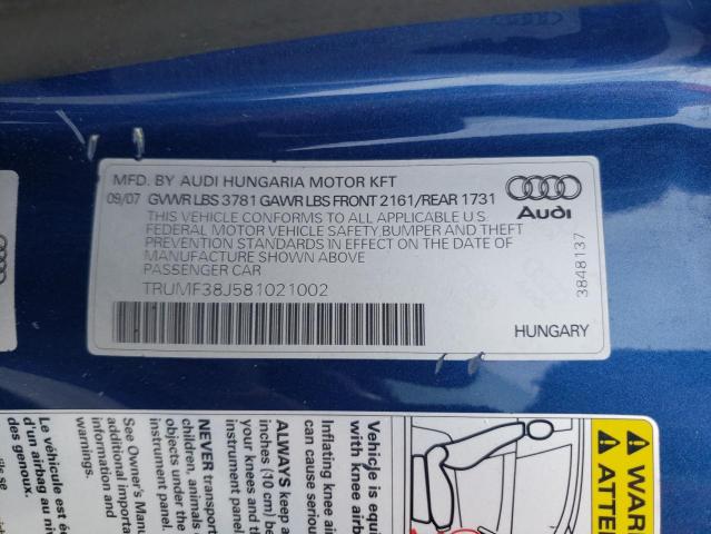 2008 Audi Tt 2.0T VIN: TRUMF38J581021002 Lot: 47064904
