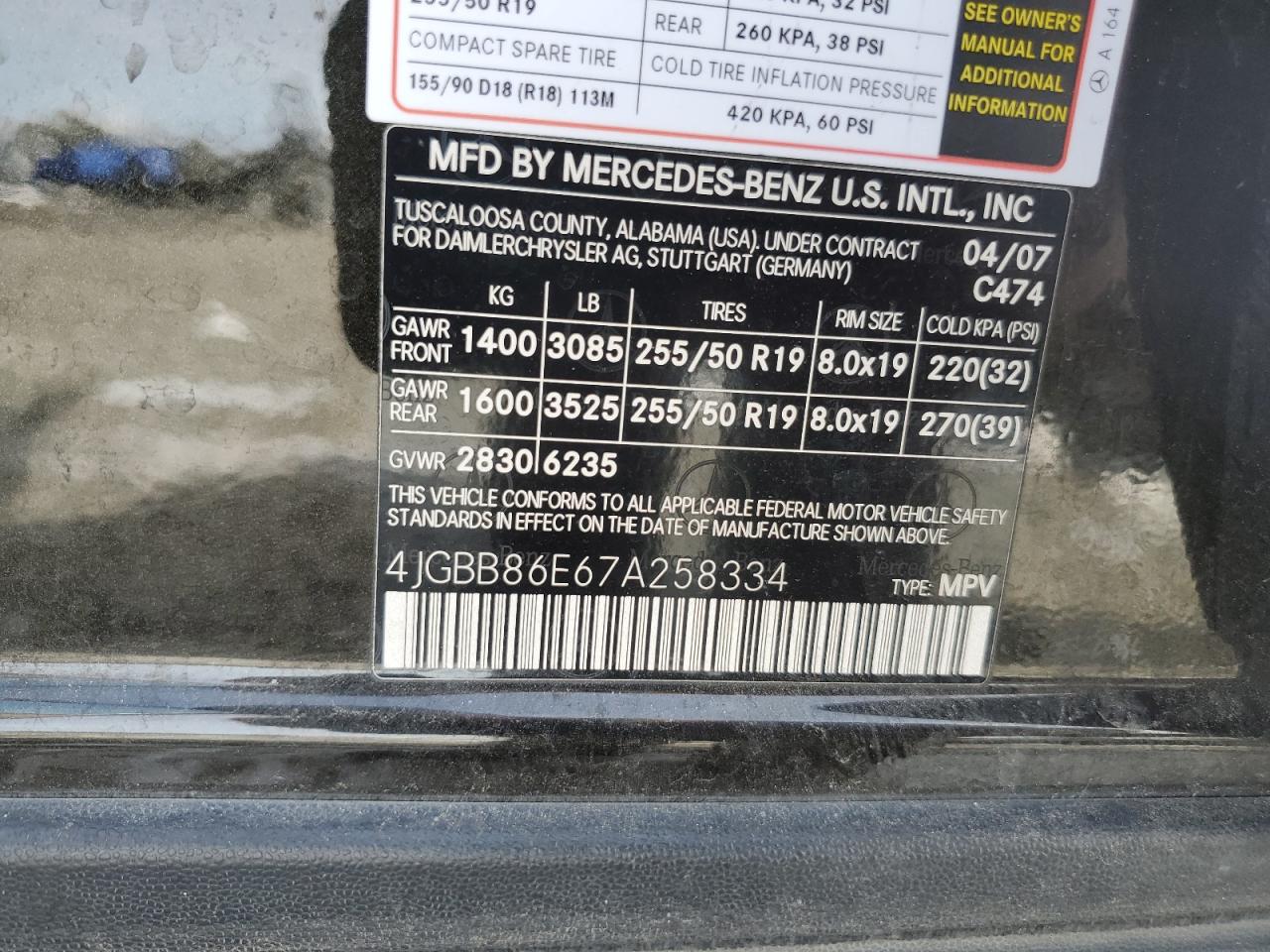 4JGBB86E67A258334 2007 Mercedes-Benz Ml 350