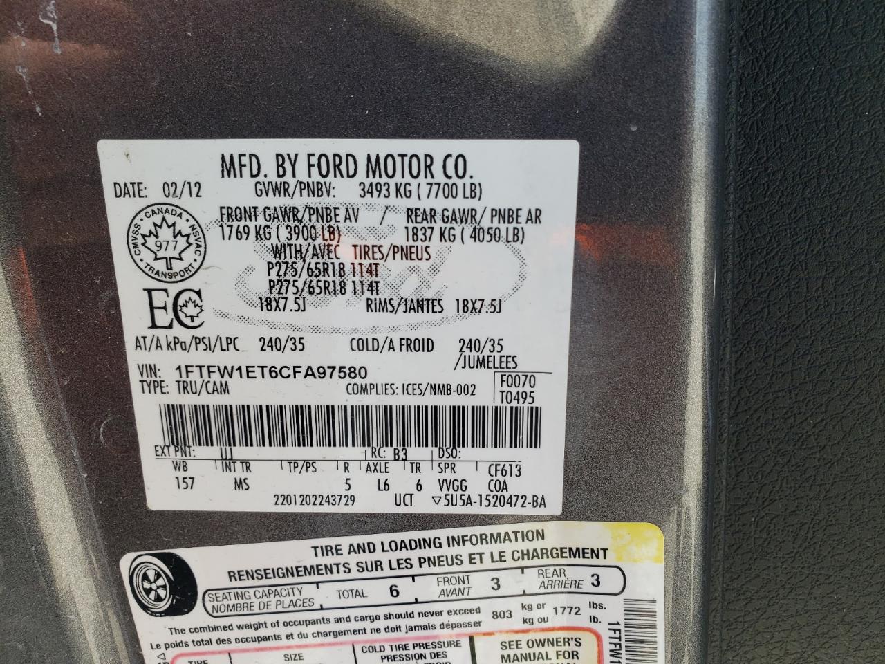 1FTFW1ET6CFA97580 2012 Ford F150 Supercrew