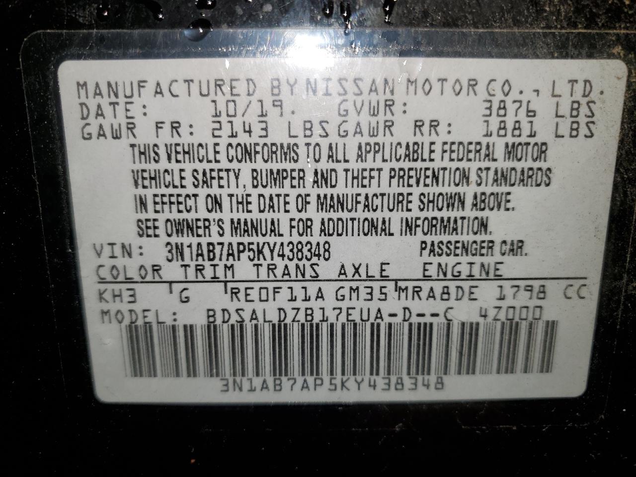 3N1AB7AP5KY438348 2019 Nissan Sentra S