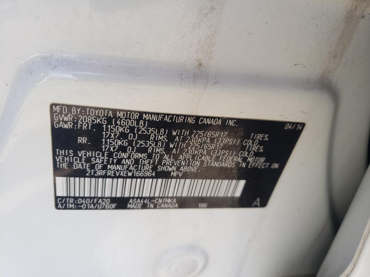 2T3RFREVXEW166964 2014 Toyota Rav4 Xle