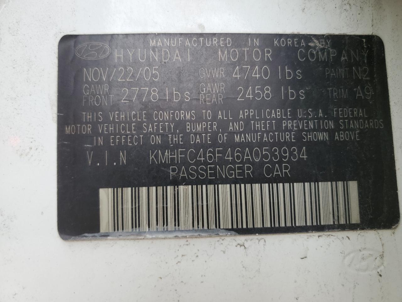 KMHFC46F46A053934 2006 Hyundai Azera Se