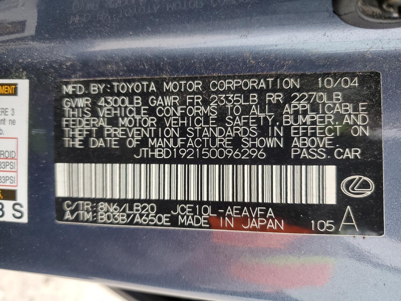 JTHBD192150096296 2005 Lexus Is 300