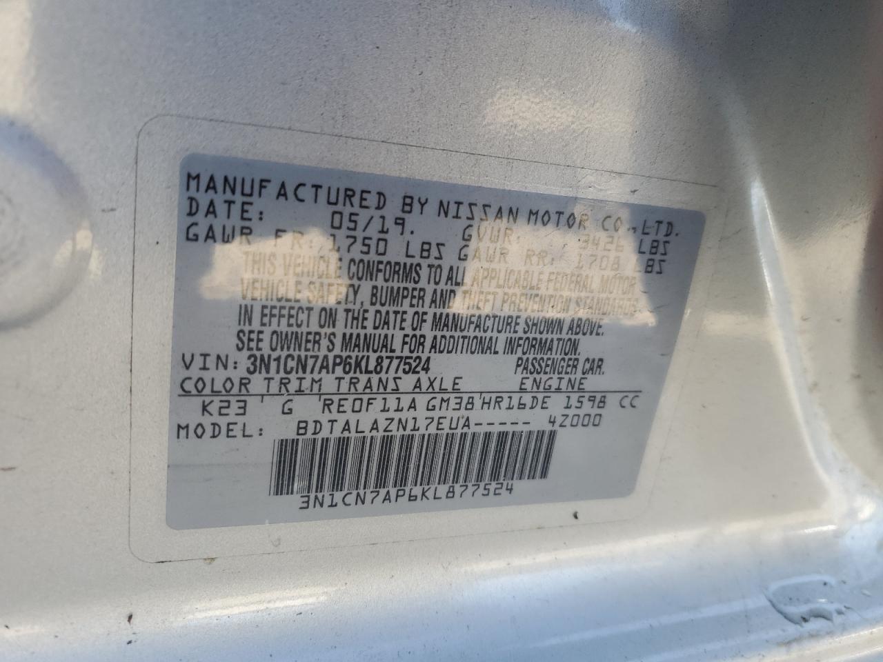 3N1CN7AP6KL877524 2019 Nissan Versa S