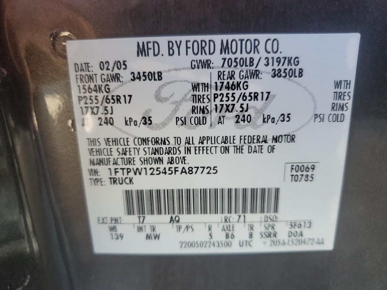1FTPW12545FA87725 2005 Ford F150 Supercrew