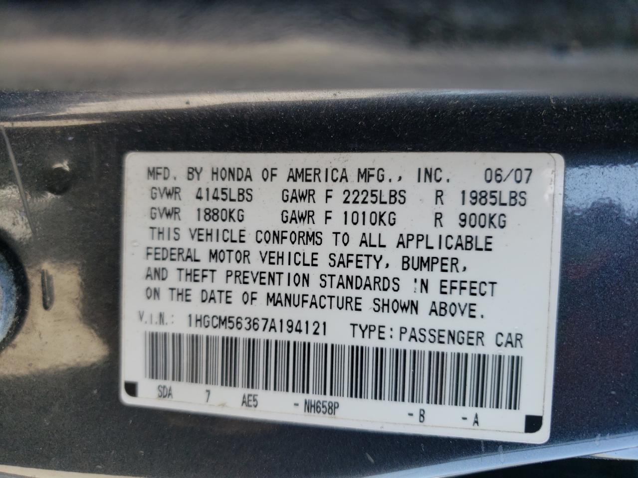 1HGCM56367A194121 2007 Honda Accord Se