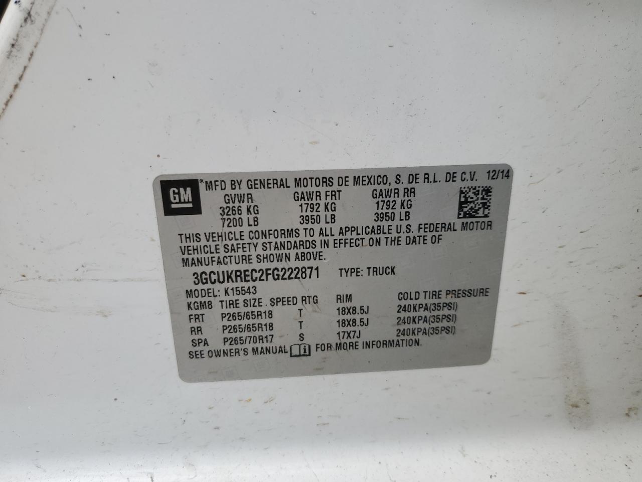 3GCUKREC2FG222871 2015 Chevrolet Silverado K1500 Lt