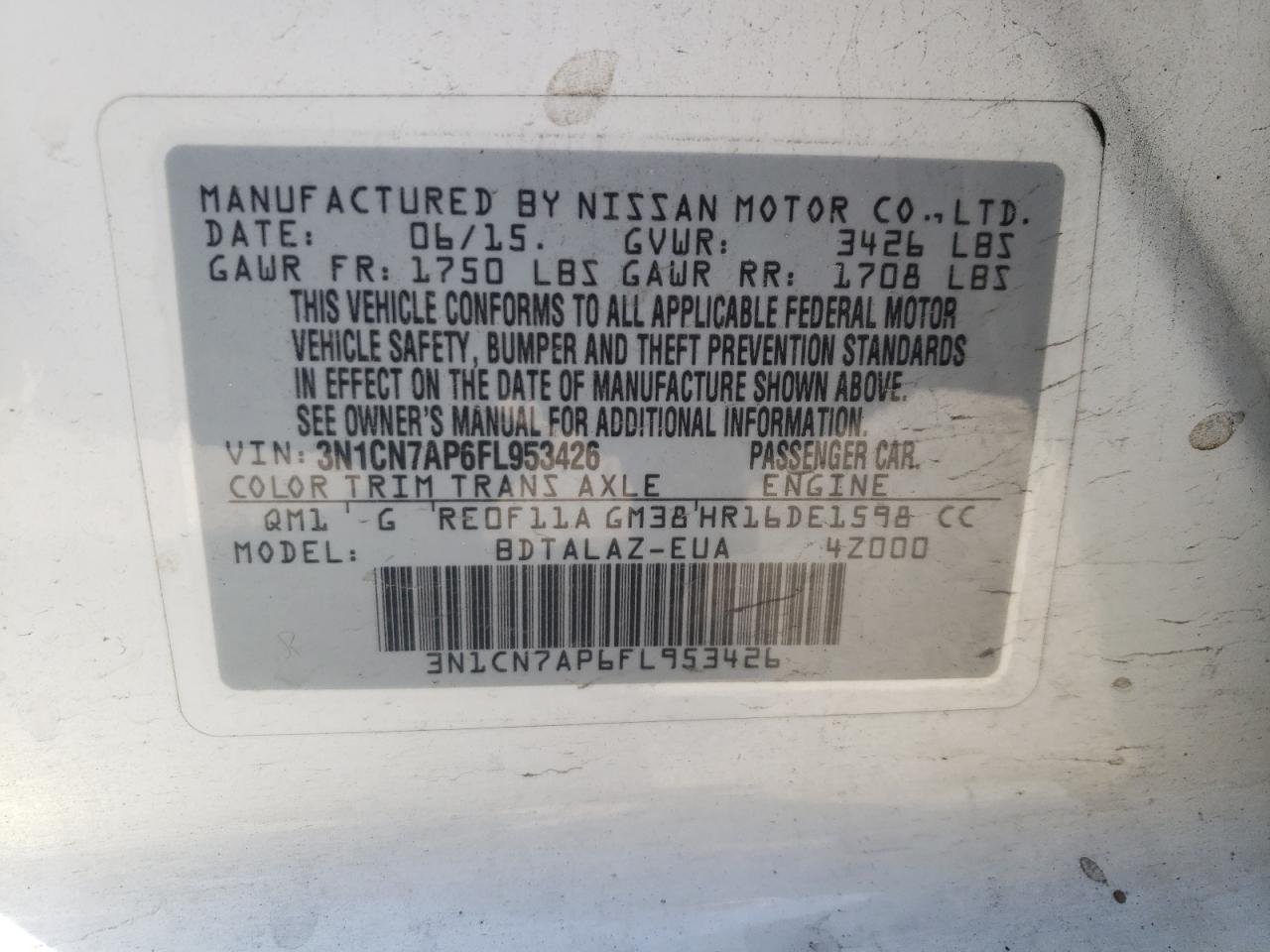 3N1CN7AP6FL953426 2015 Nissan Versa S