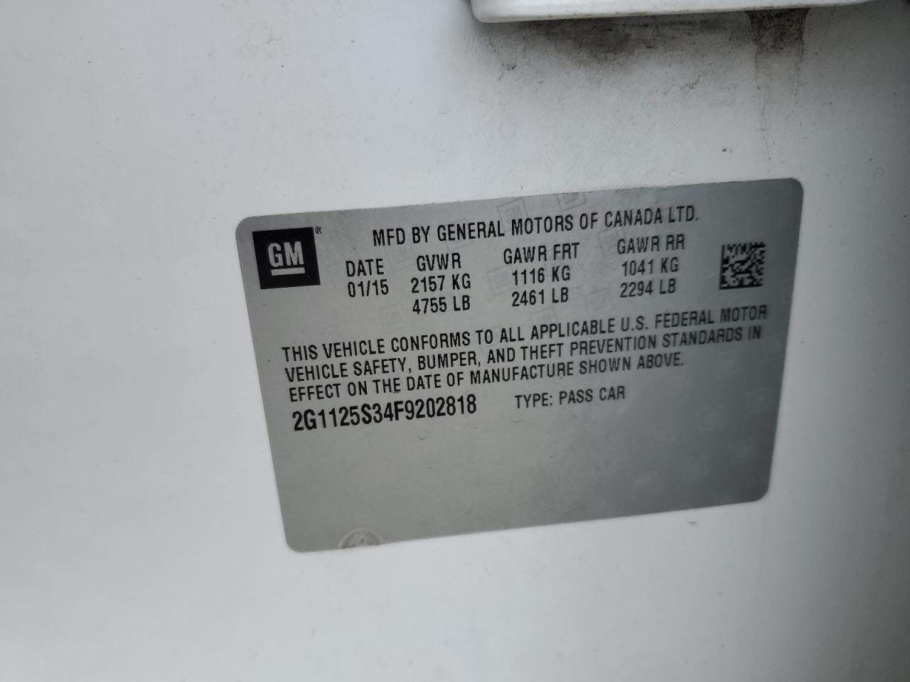 2G1125S34F9202818 2015 Chevrolet Impala Lt