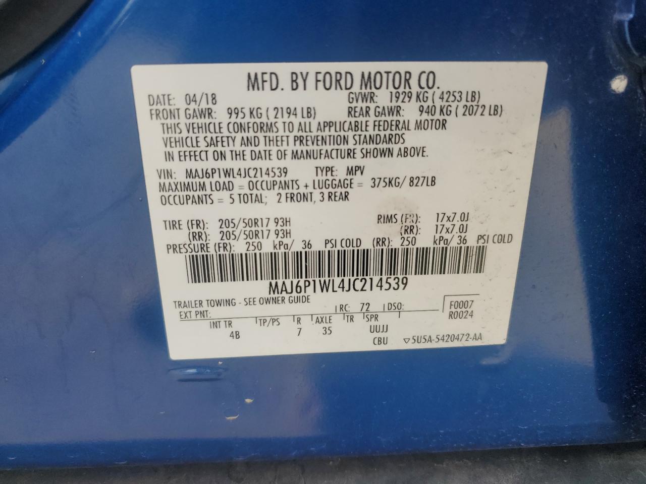 MAJ6P1WL4JC214539 2018 Ford Ecosport Titanium