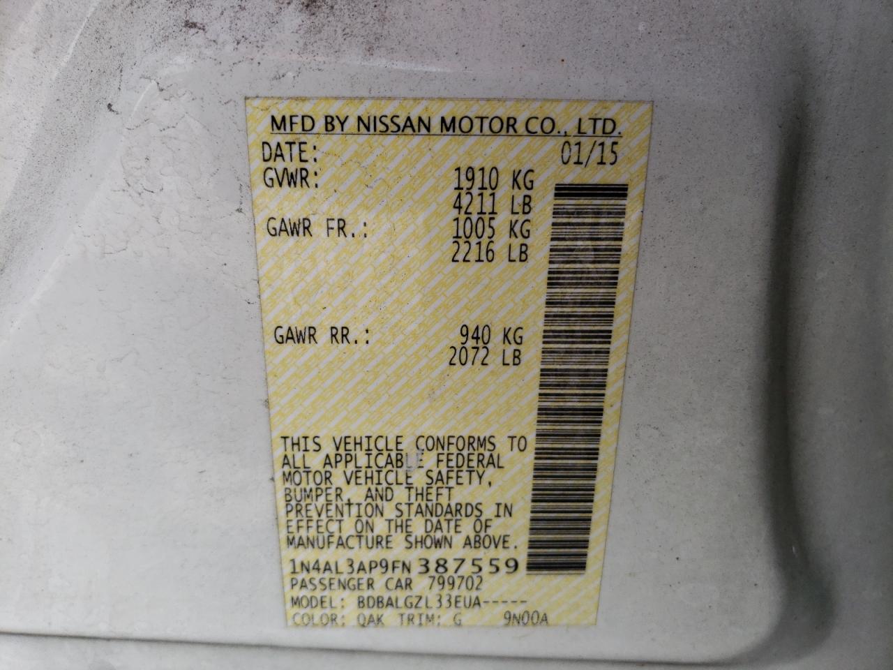 2015 Nissan Altima 2.5 vin: 1N4AL3AP9FN387559