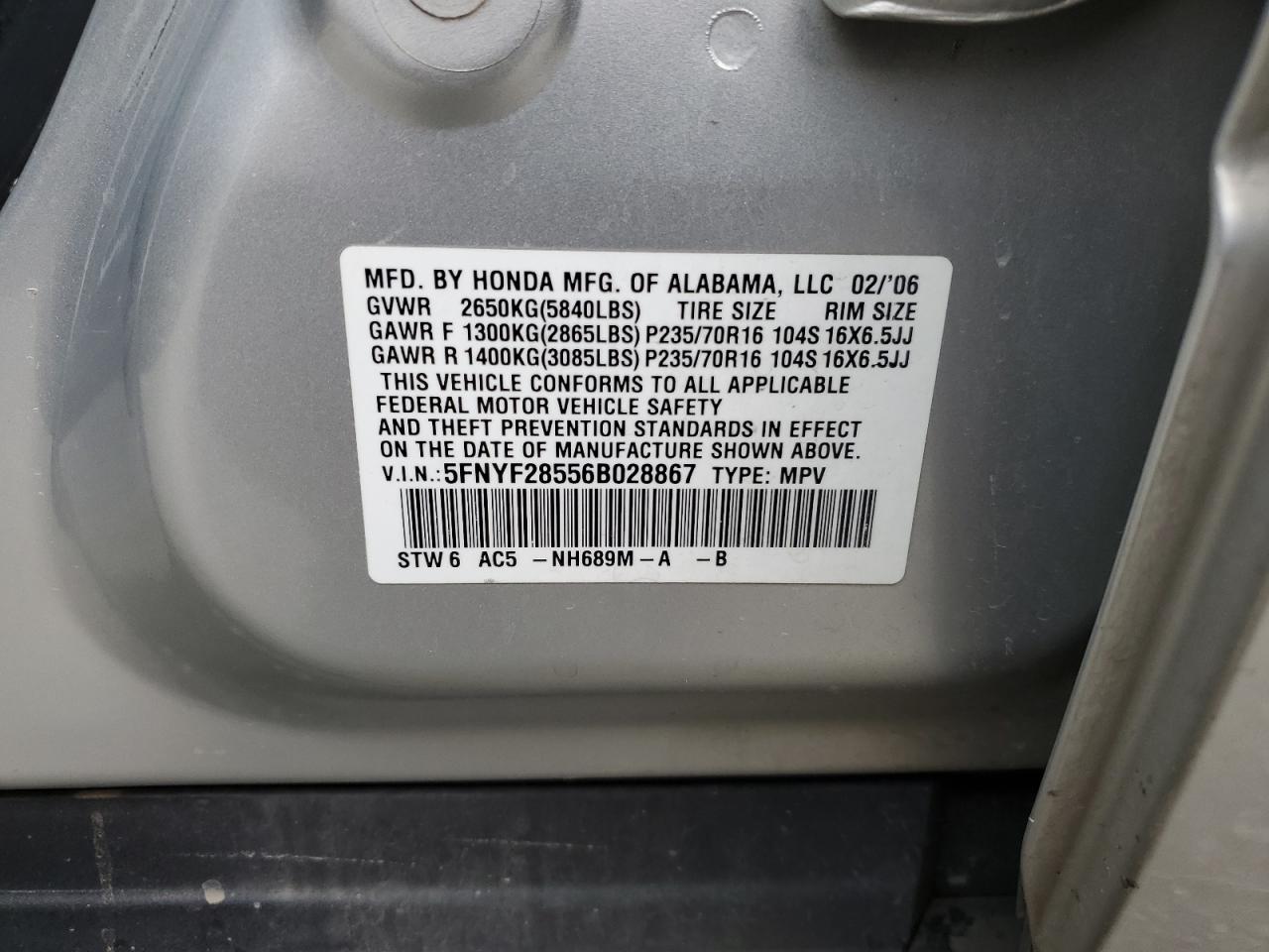 5FNYF28556B028867 2006 Honda Pilot Ex