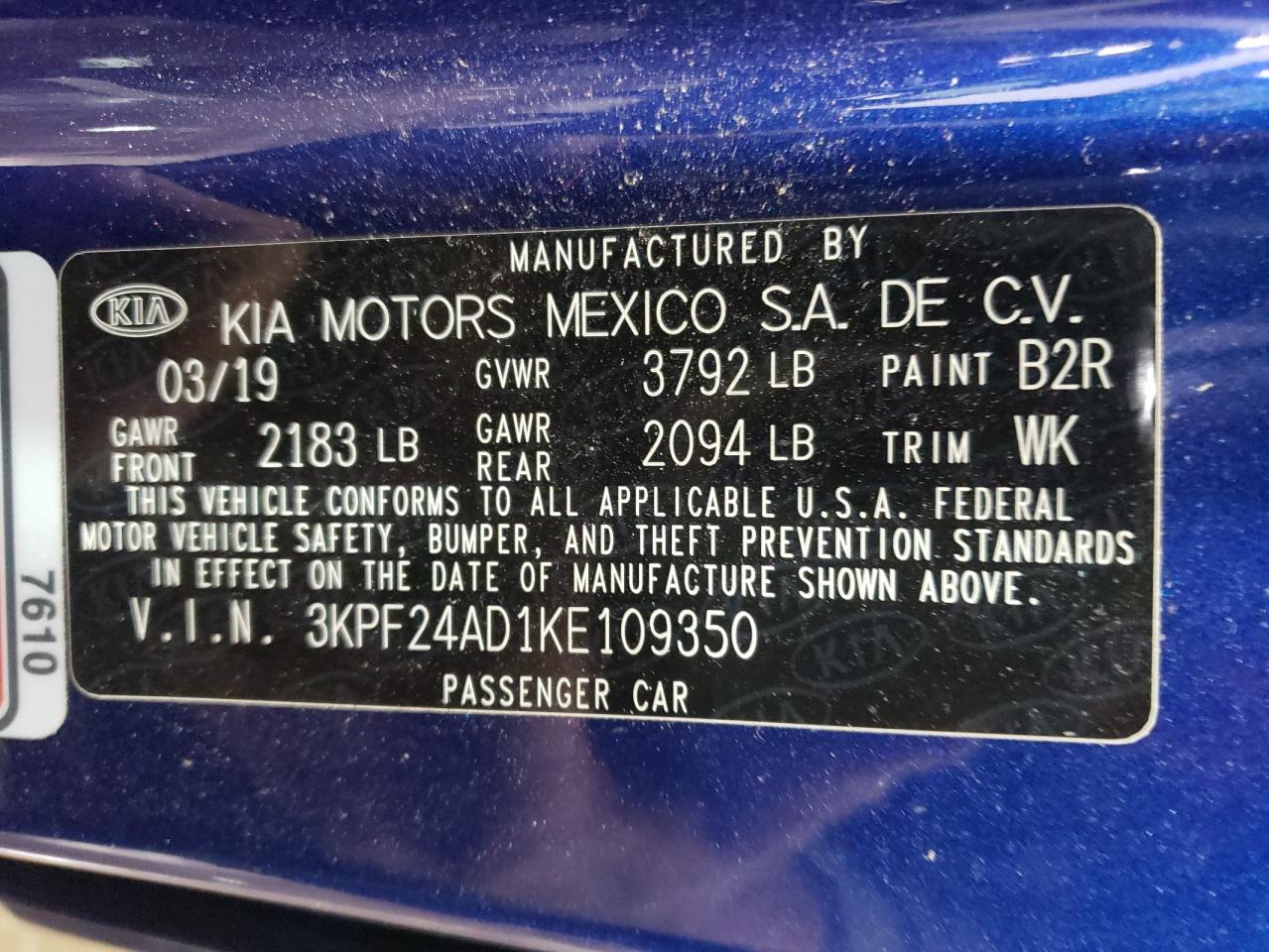 3KPF24AD1KE109350 2019 Kia Forte Fe