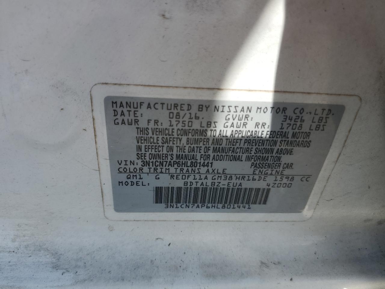 3N1CN7AP6HL801441 2017 Nissan Versa S