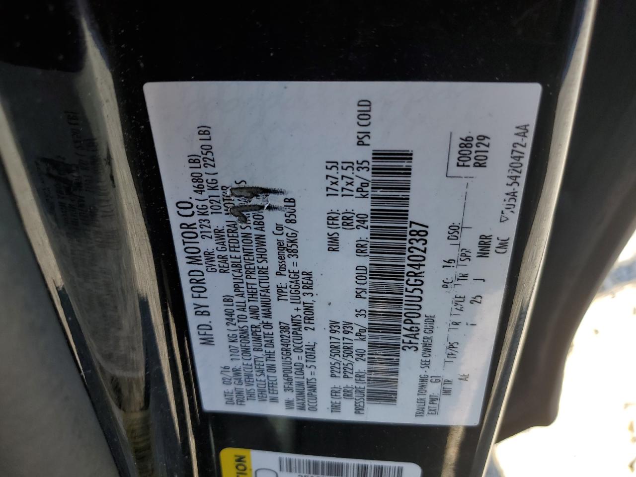 3FA6P0UU5GR402387 2016 Ford Fusion S Hybrid