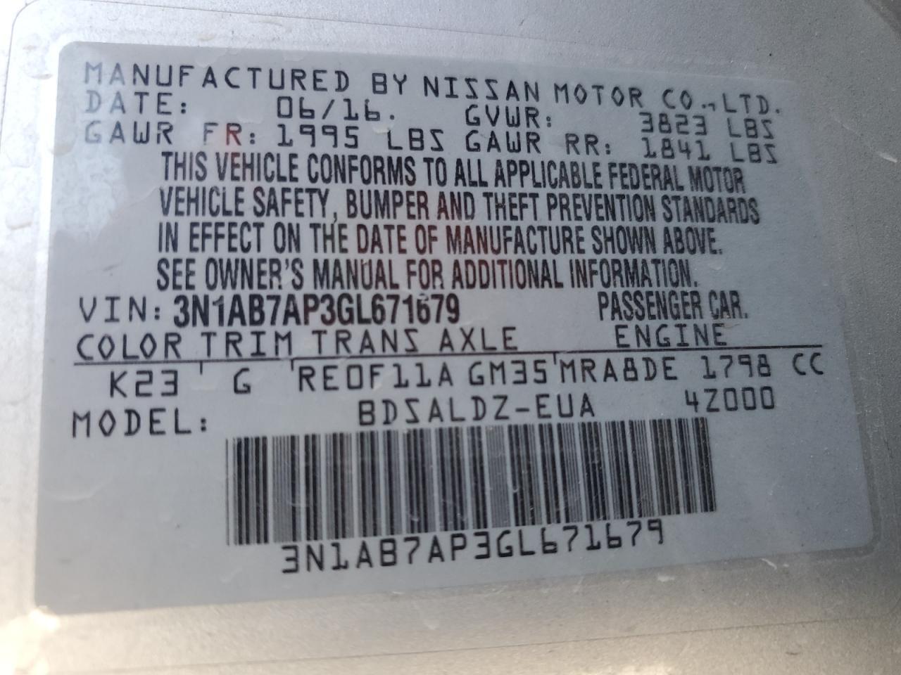 3N1AB7AP3GL671679 2016 Nissan Sentra S 3N1AB7AP3GL671679 2016 Nissan Sentra S