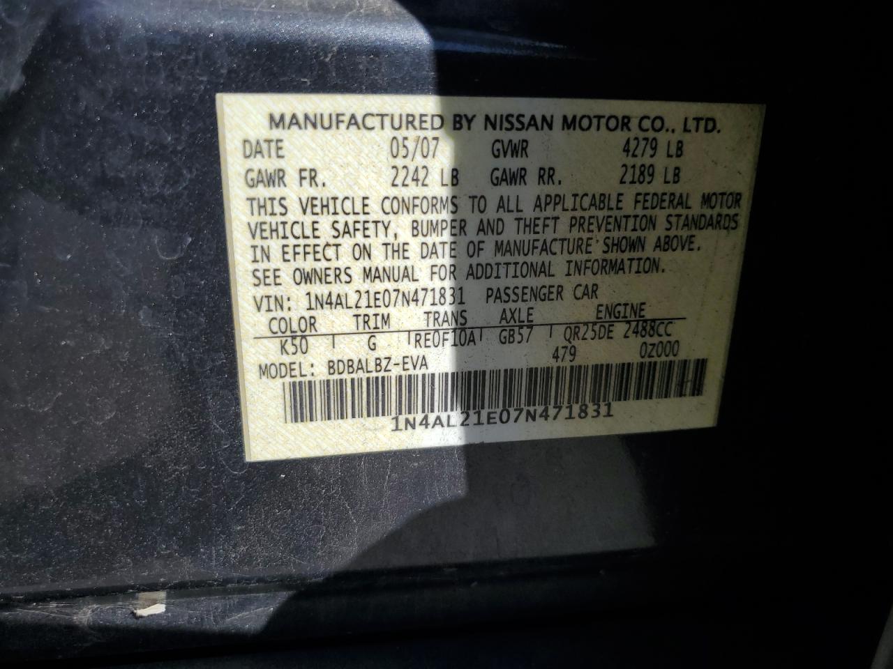 1N4AL21E07N471831 2007 Nissan Altima 2.5