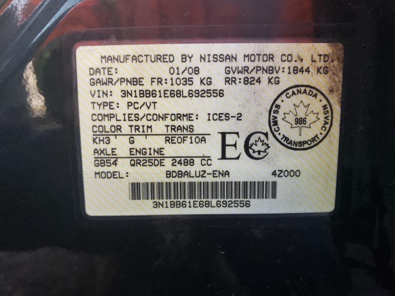 3N1BB61E68L692556 2008 Nissan Sentra Se-R