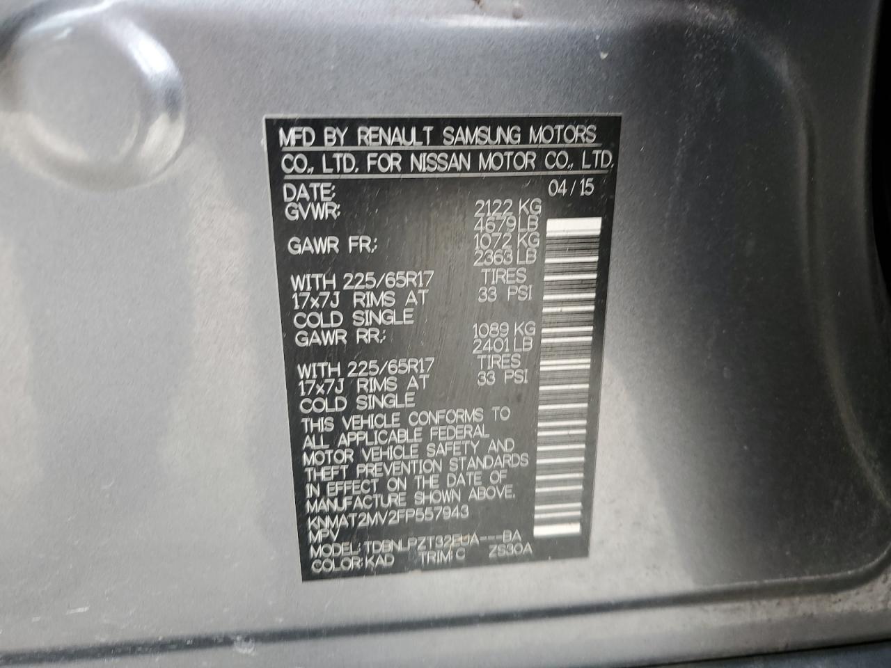 KNMAT2MV2FP557943 2015 Nissan Rogue S