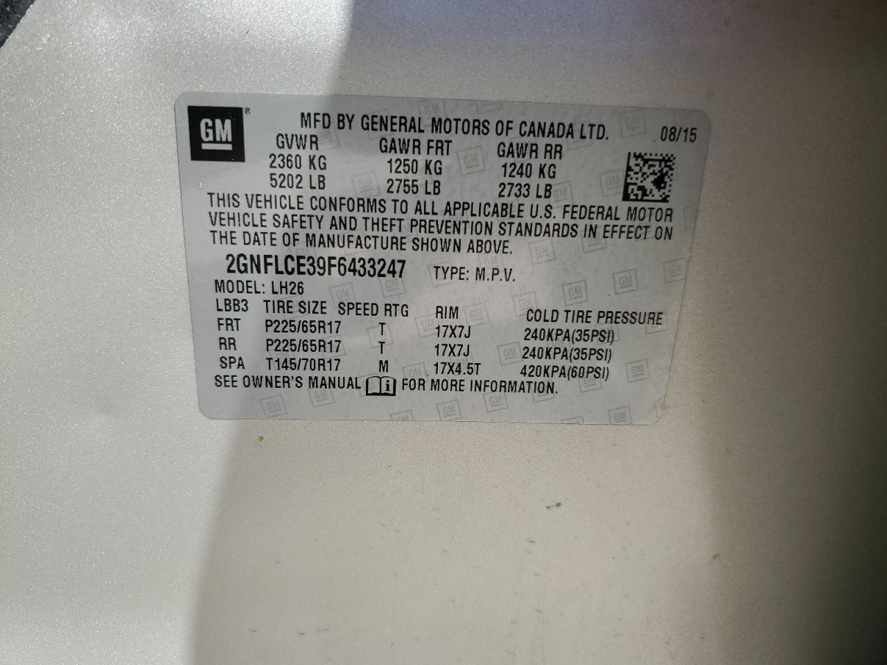 2GNFLCE39F6433247 2015 Chevrolet Equinox Lt