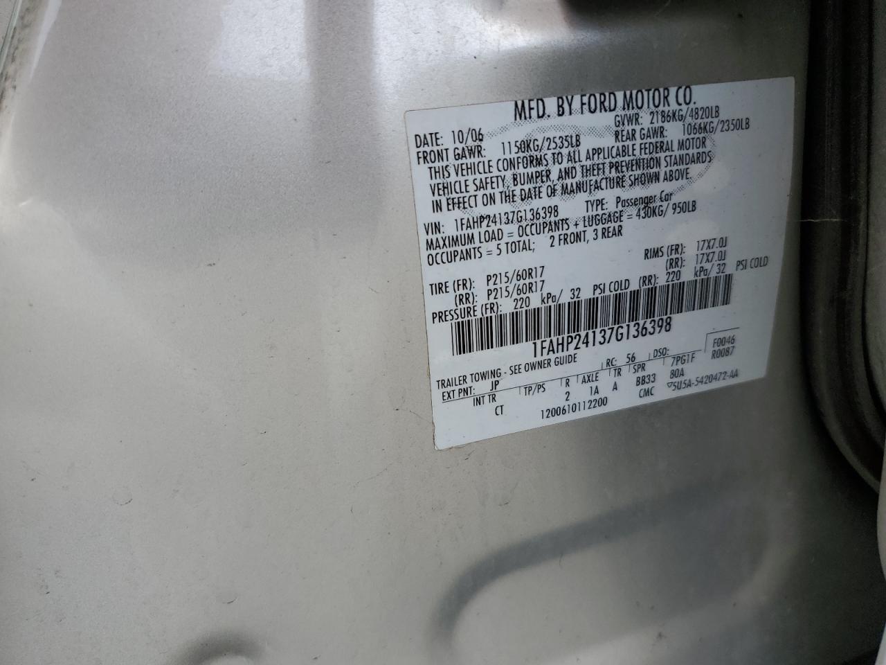 1FAHP24137G136398 2007 Ford Five Hundred Sel