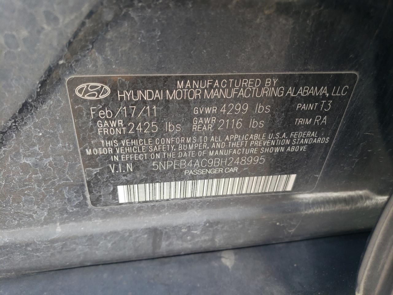 5NPEB4AC9BH248995 2011 Hyundai Sonata Gls