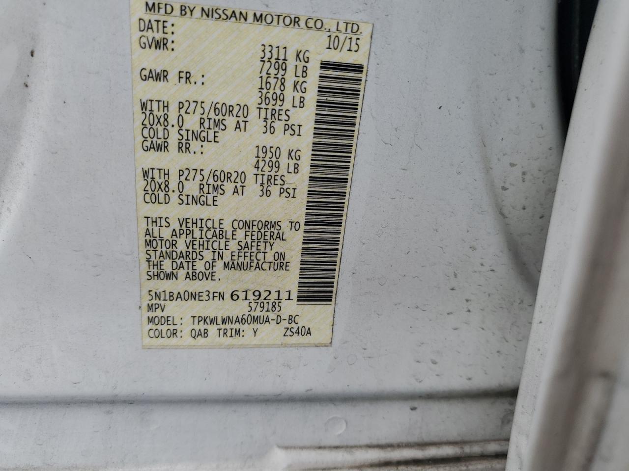 5N1BA0NE3FN619211 2015 Nissan Armada Platinum