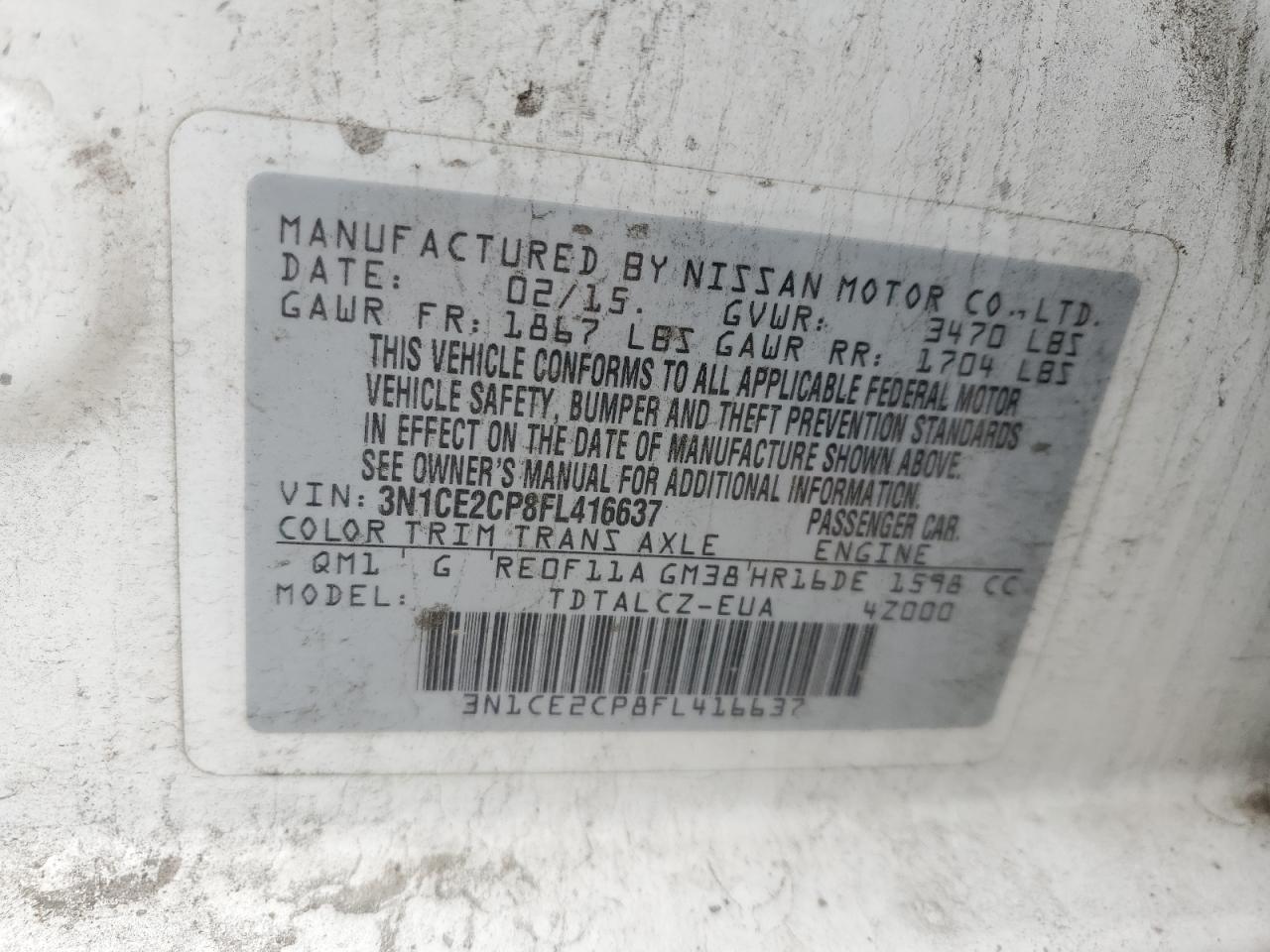 3N1CE2CP8FL416637 2015 Nissan Versa Note S