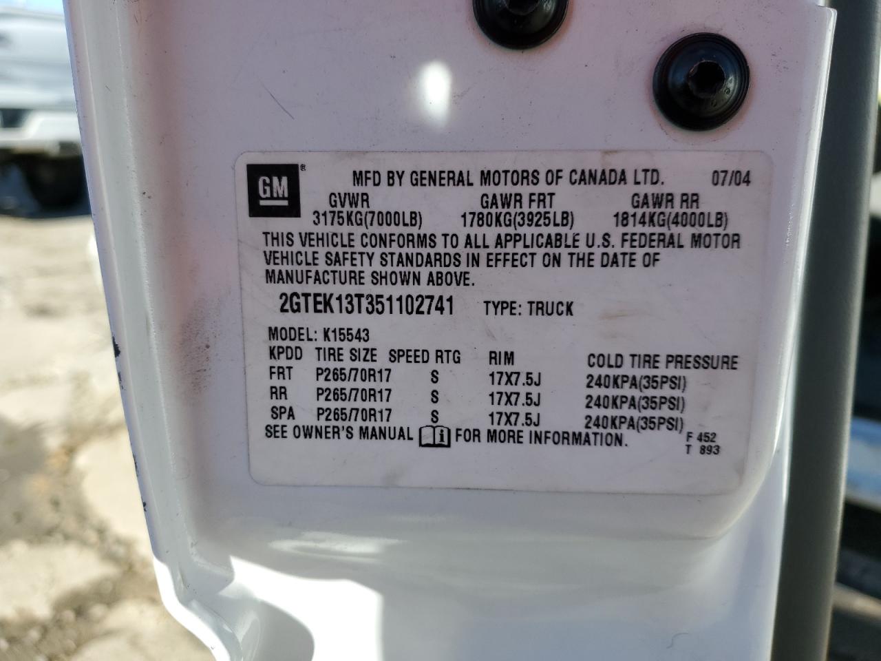 2GTEK13T351102741 2005 GMC New Sierra K1500