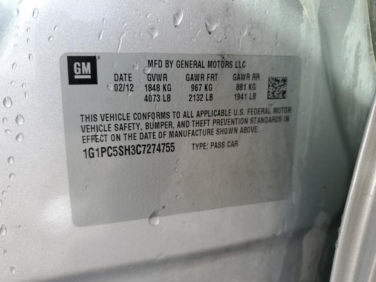 1G1PC5SH3C7274755 2012 Chevrolet Cruze Ls