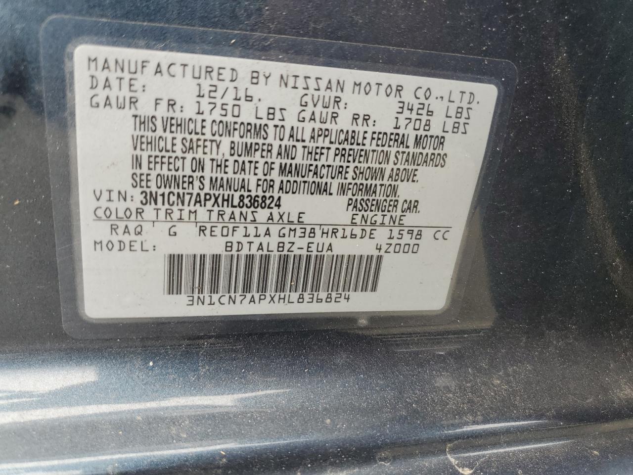 3N1CN7APXHL836824 2017 Nissan Versa S