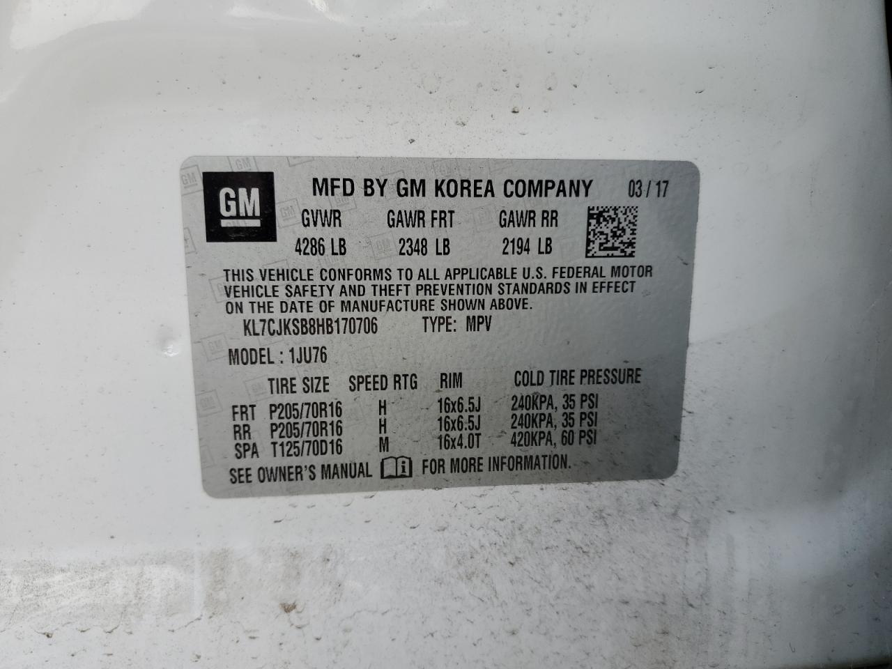 KL7CJKSB8HB170706 CHEVROLET TRAX 2017