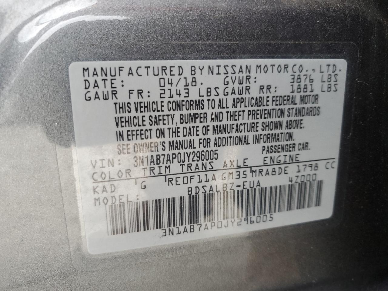 3N1AB7AP0JY296005 2018 Nissan Sentra S