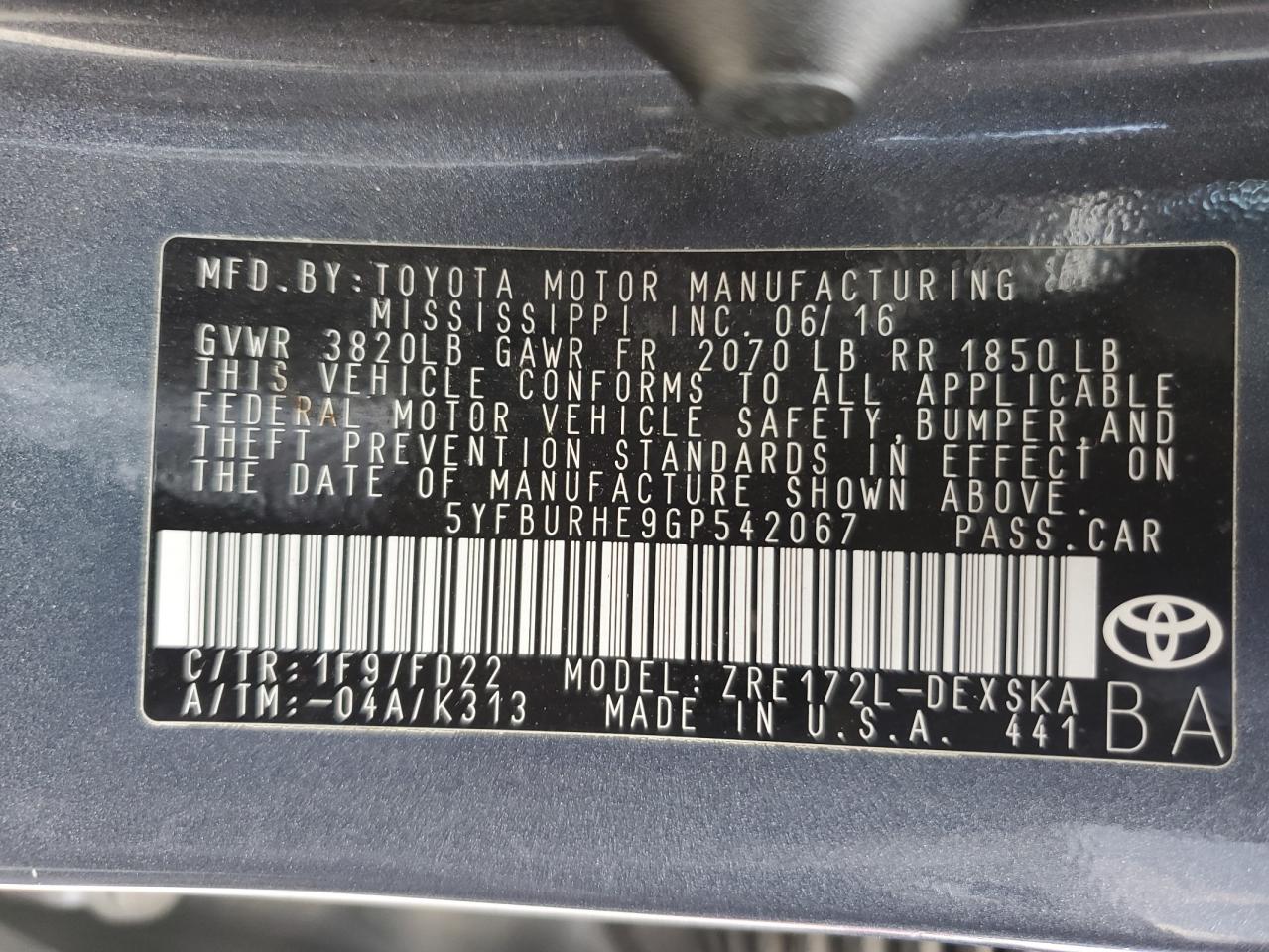 5YFBURHE9GP542067 2016 Toyota Corolla L