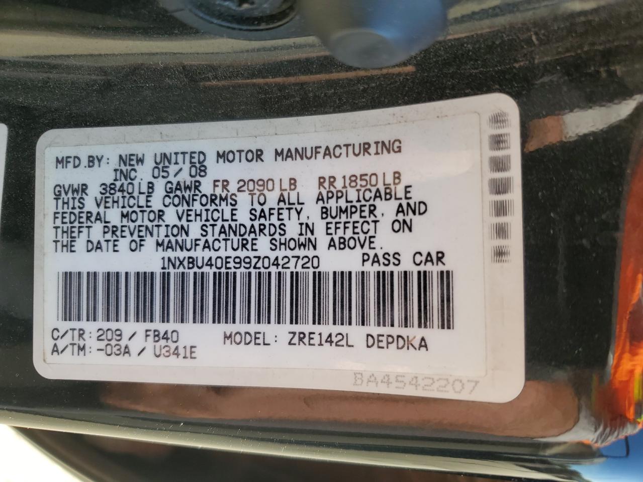 1NXBU40E99Z042720 2009 Toyota Corolla Base