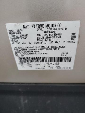 1FM5K7D85HGA80645 | 2017 Ford explorer xlt