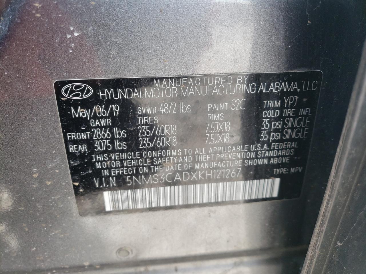 5NMS3CADXKH121267 2019 Hyundai Santa Fe Sel