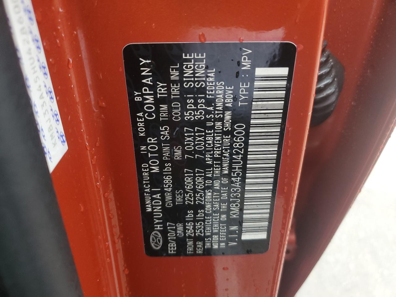 KM8J33A45HU428600 2017 Hyundai Tucson Limited