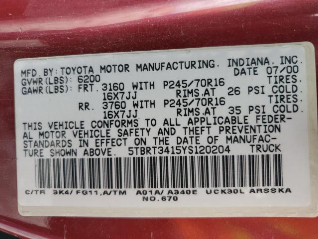 2000 Toyota Tundra Access Cab VIN: 5TBRT3415YS120204 Lot: 55634774