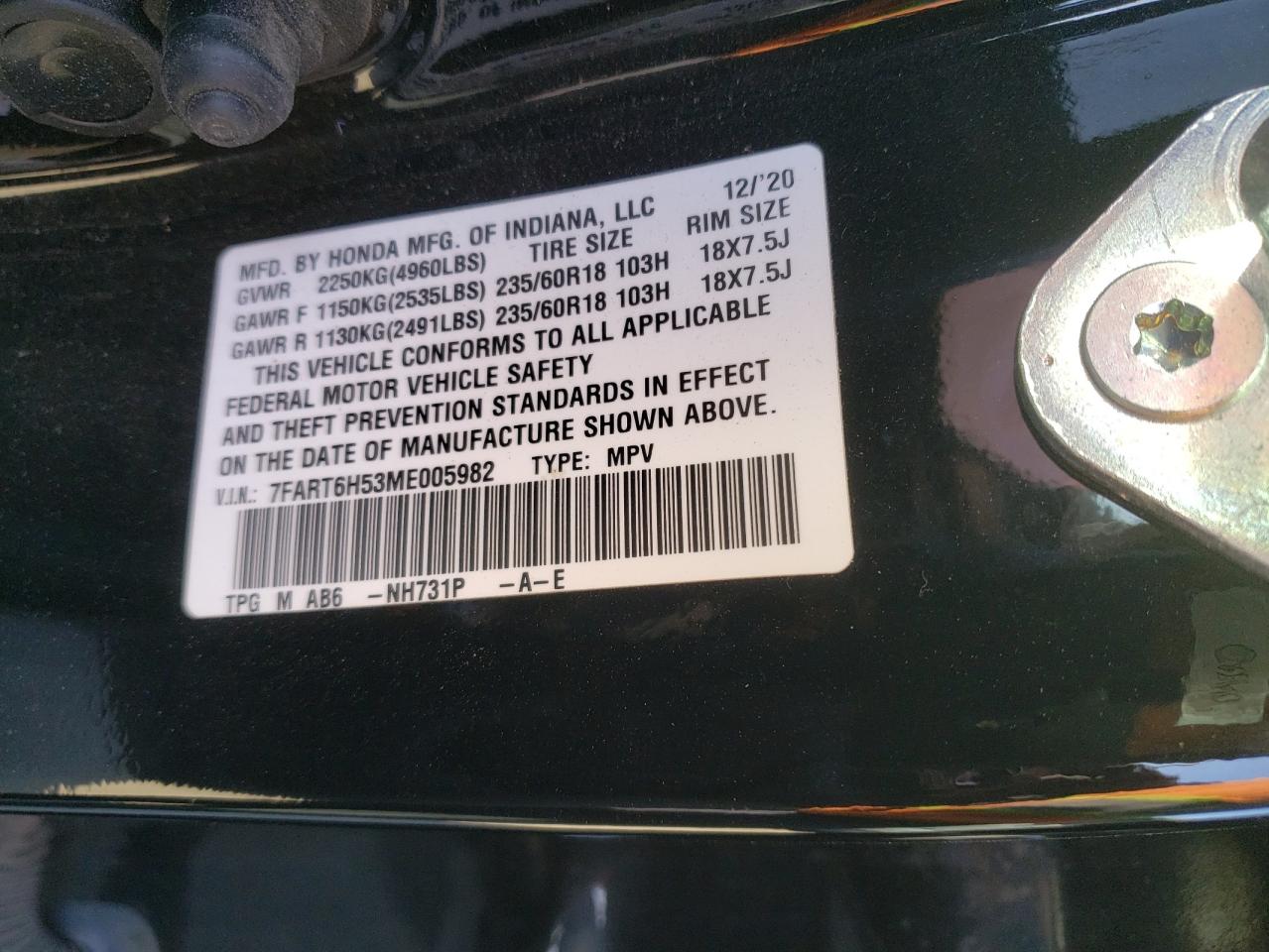VIN: 7FART6H53ME005982 2021 HONDA CRV