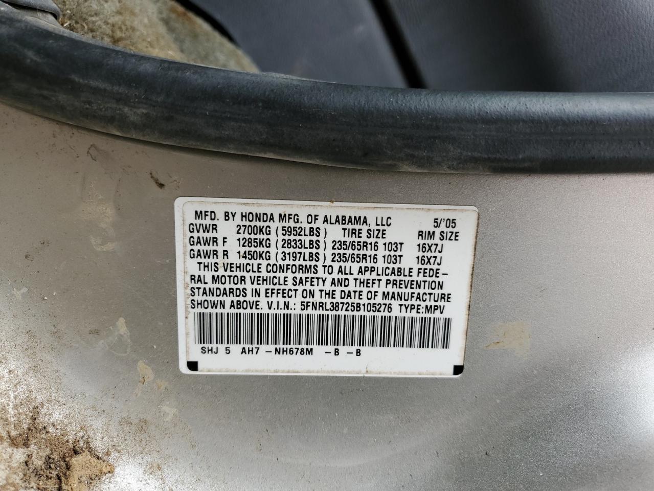 5FNRL38725B105276 2005 Honda Odyssey Exl