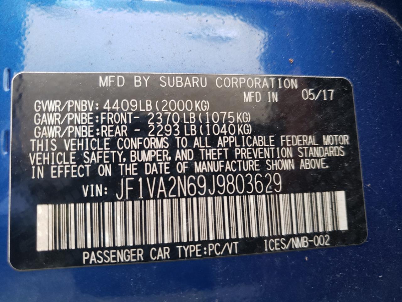 JF1VA2N69J9803629 2018 Subaru Wrx Sti