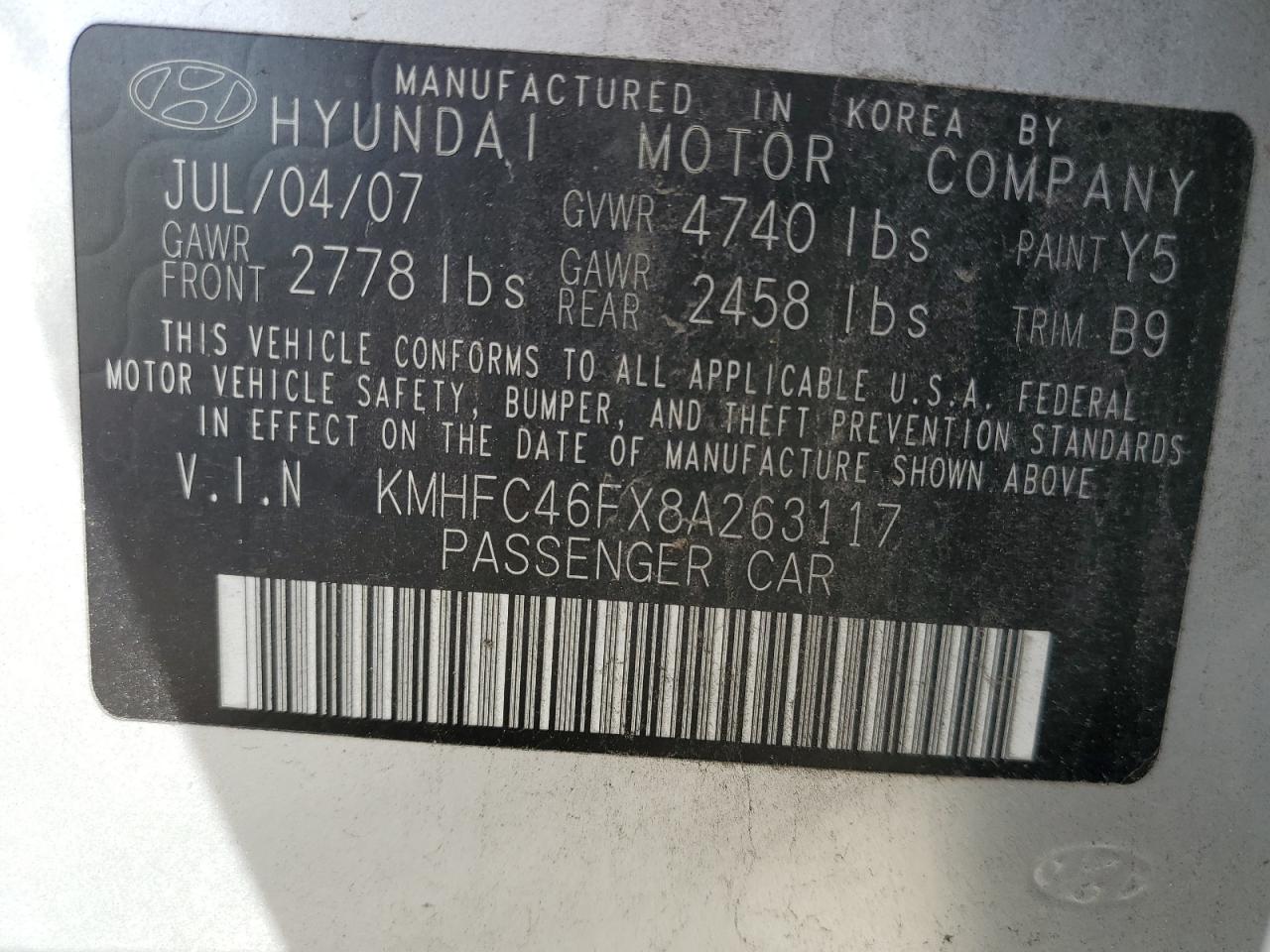 KMHFC46FX8A263117 2008 Hyundai Azera Se