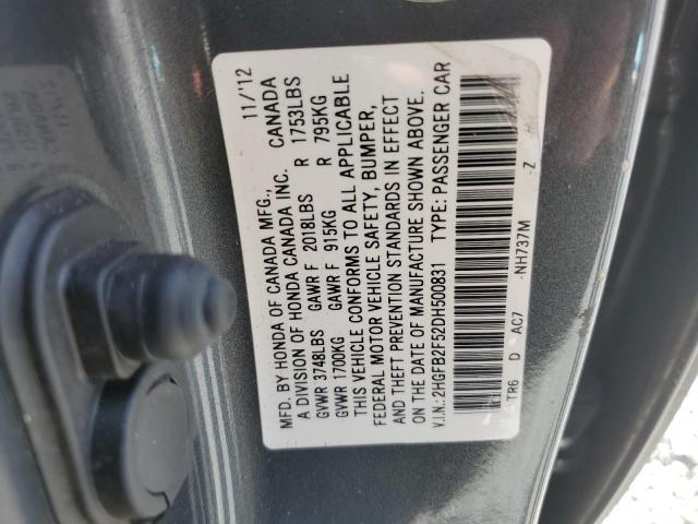 2013 Honda Civic Lx VIN: 2HGFB2F52DH500831 Lot: 48007504